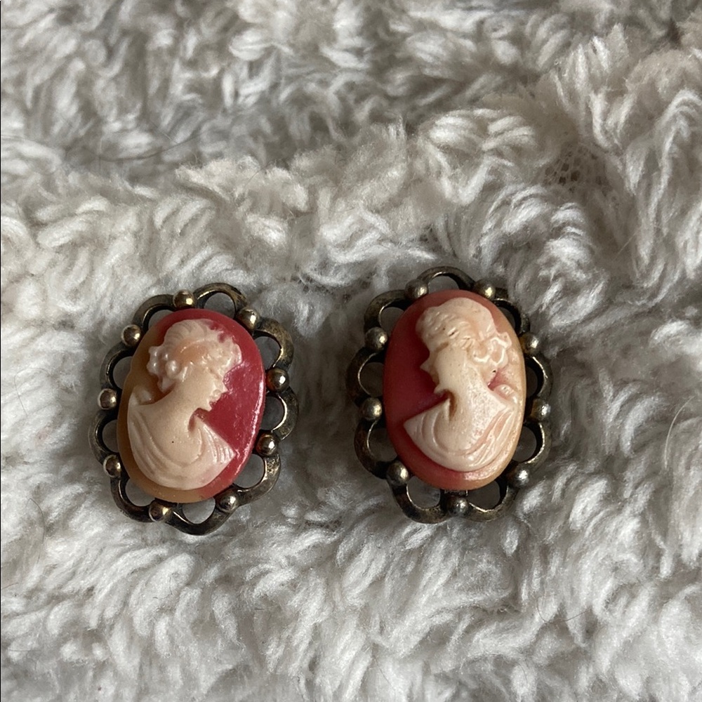 Vintage Red and Cream Cameo Earrings
